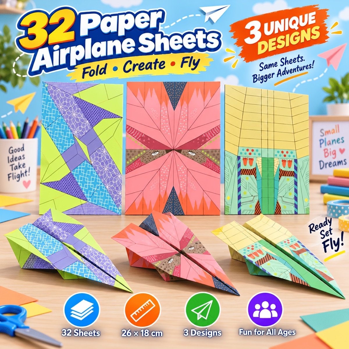 Origami de aviones de papel · 32 hojas