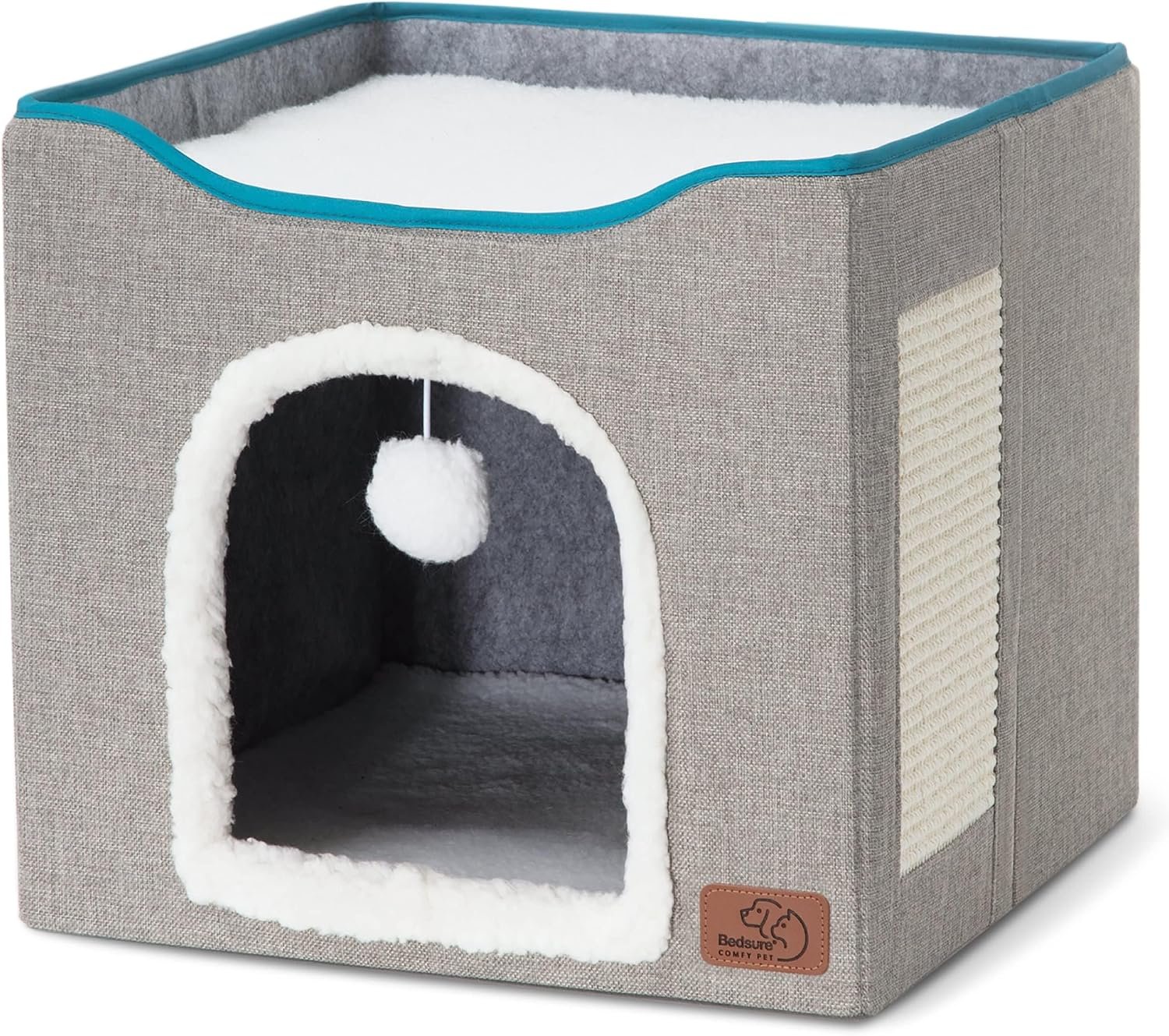 Casa plegable Bedsure para gatos · Vista de la casa gris sin mascotas: acceso, plataforma y rascador.