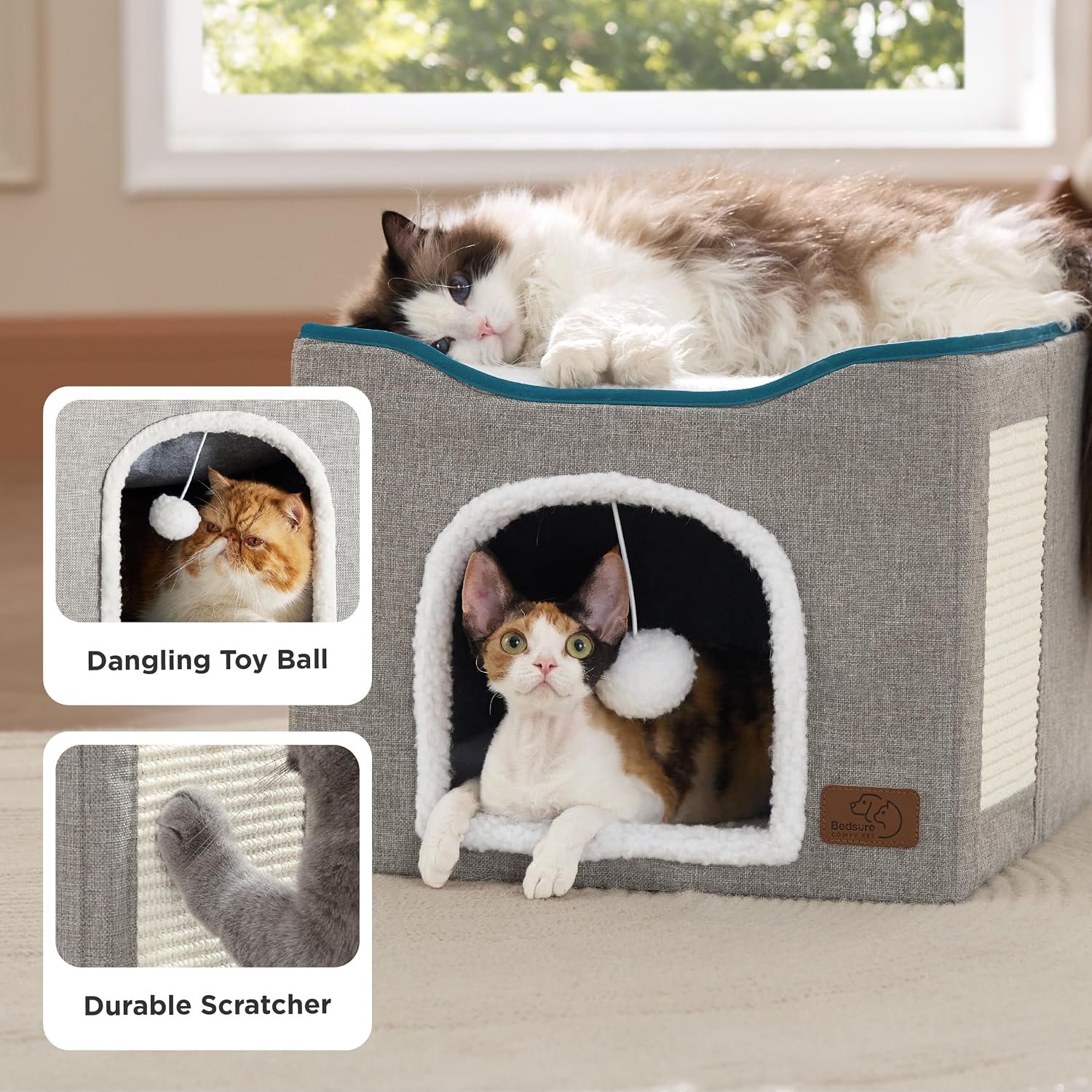 Casa plegable Bedsure para gatos · Detalle de la bola colgante y del rascador lateral.
