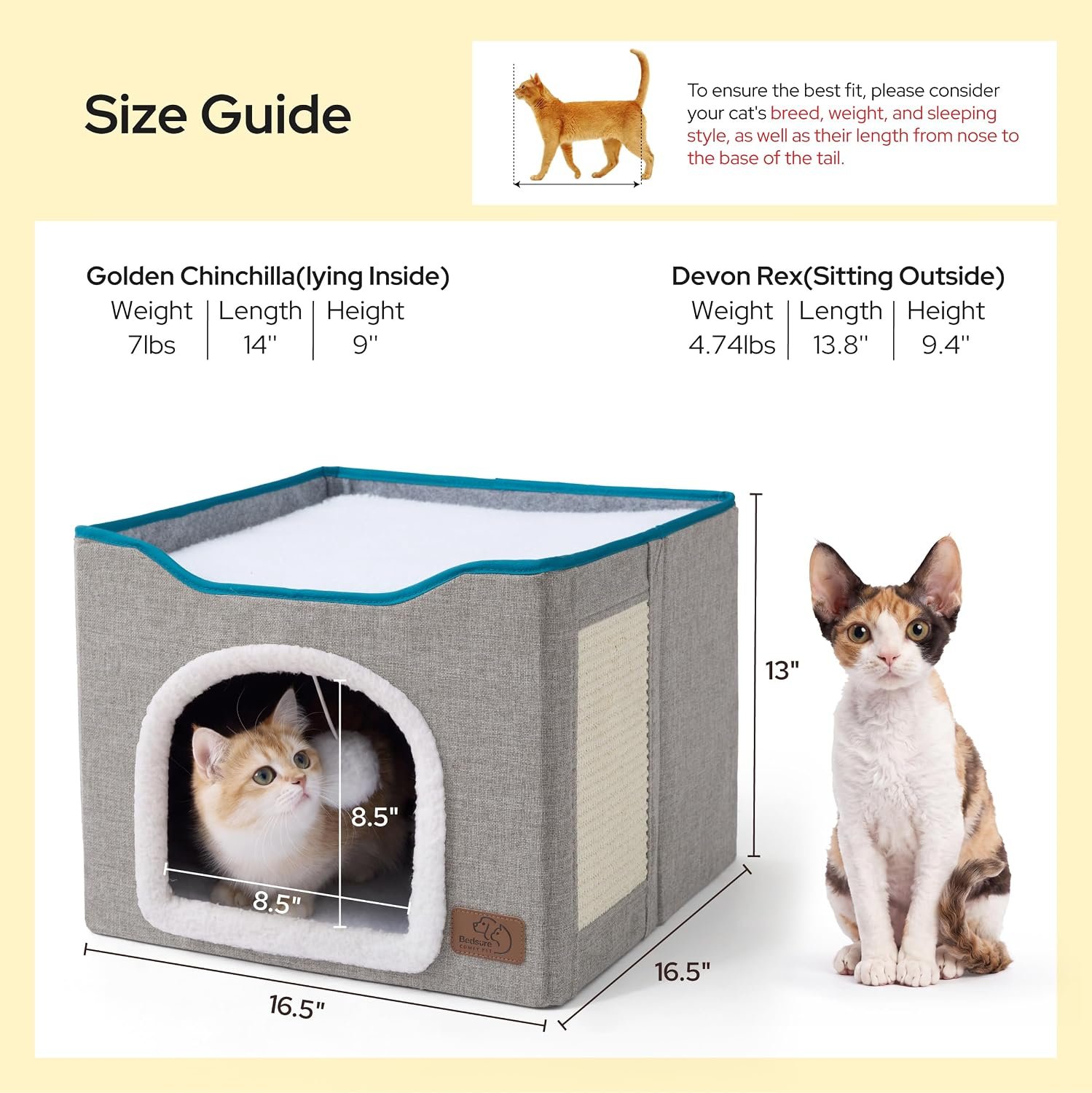 Casa plegable Bedsure para gatos · Guía de dimensiones del modelo de 16,5 × 16,5 × 13 pulgadas.