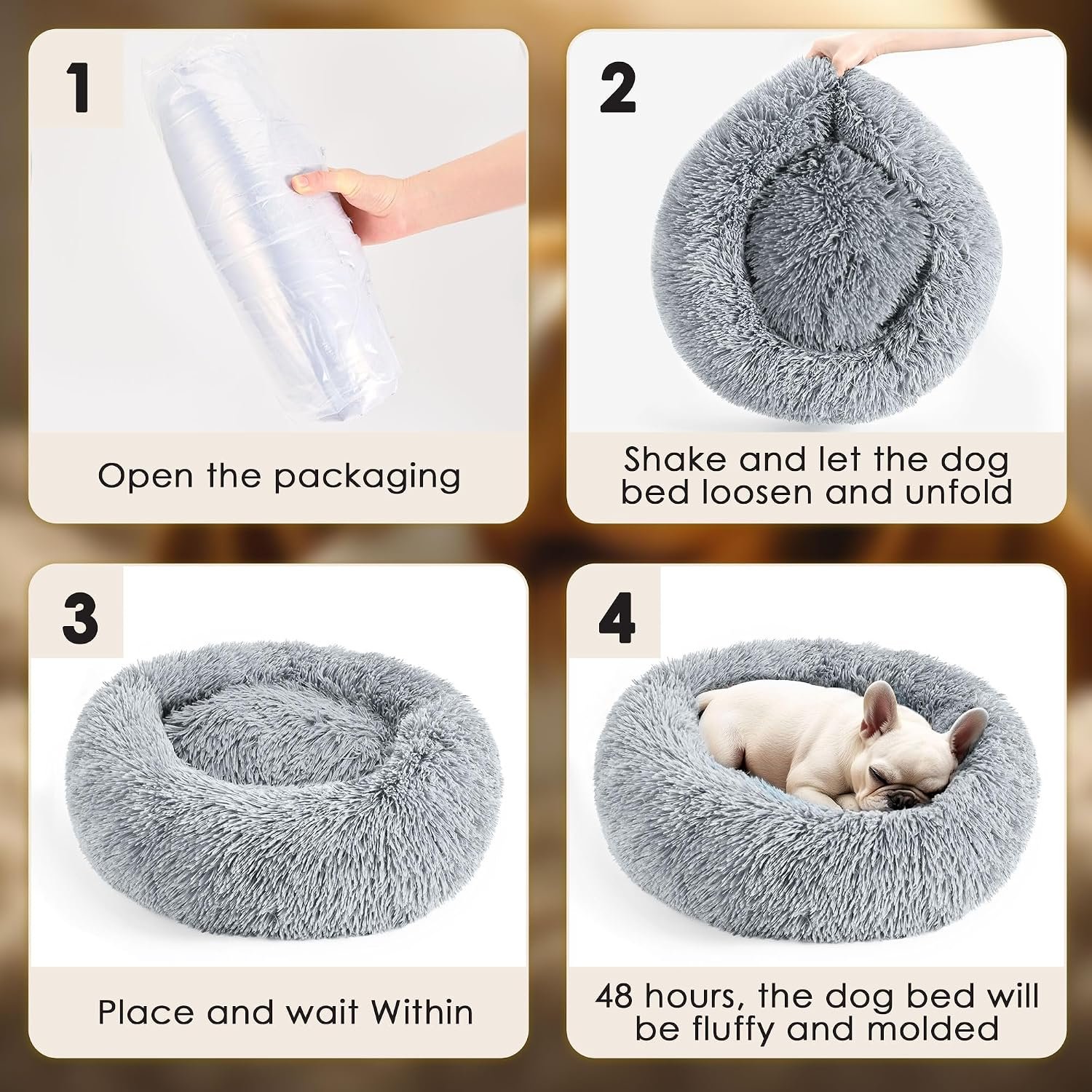 Cama tipo dona Hoewina · Gris claro de 20 pulgadas · Instrucciones ilustradas para recuperar el volumen tras desembalar.