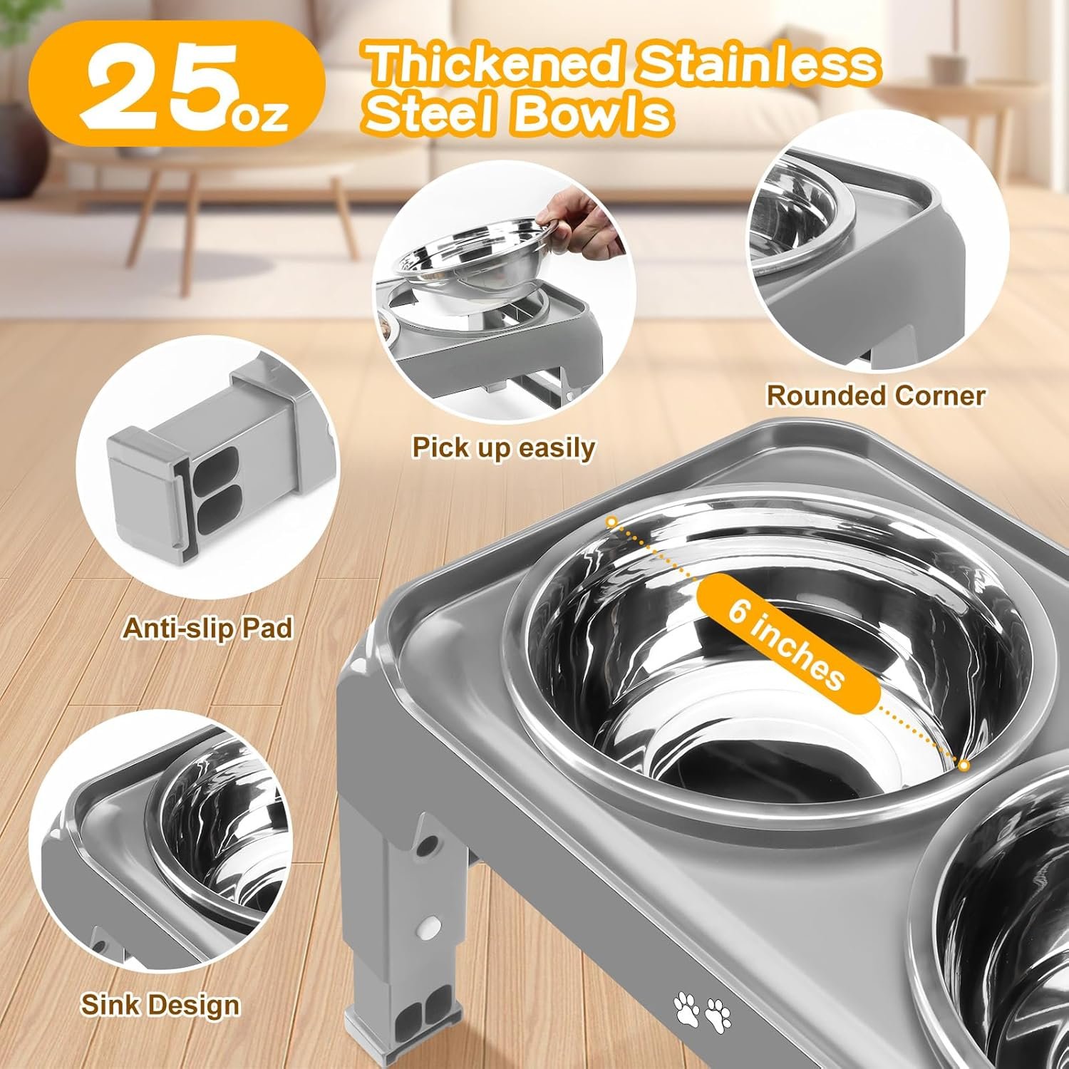 Comedero elevado COMESOON · Gris de 3 alturas · Detalle de los cuencos de 25 oz y del soporte antideslizante.