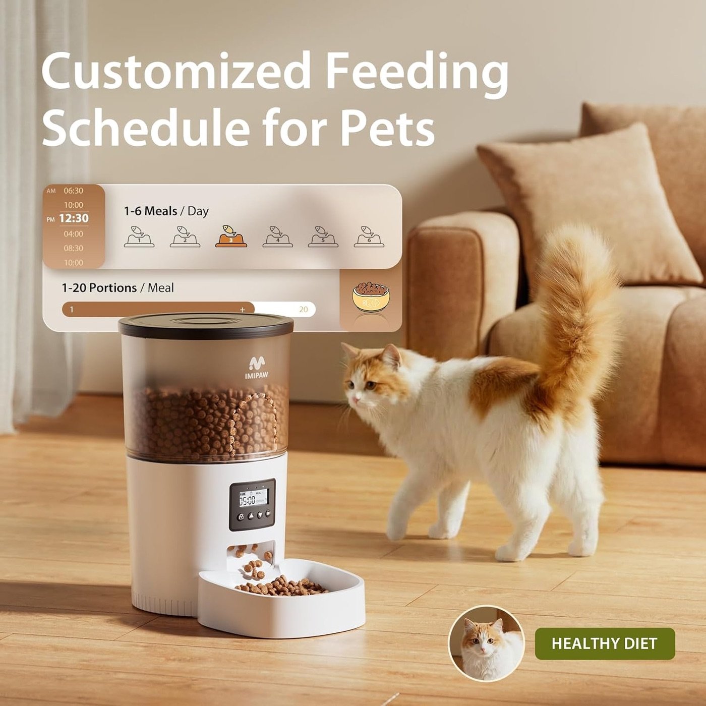 Alimentador automático IMIPAW · Blanco · vista de uso y funciones