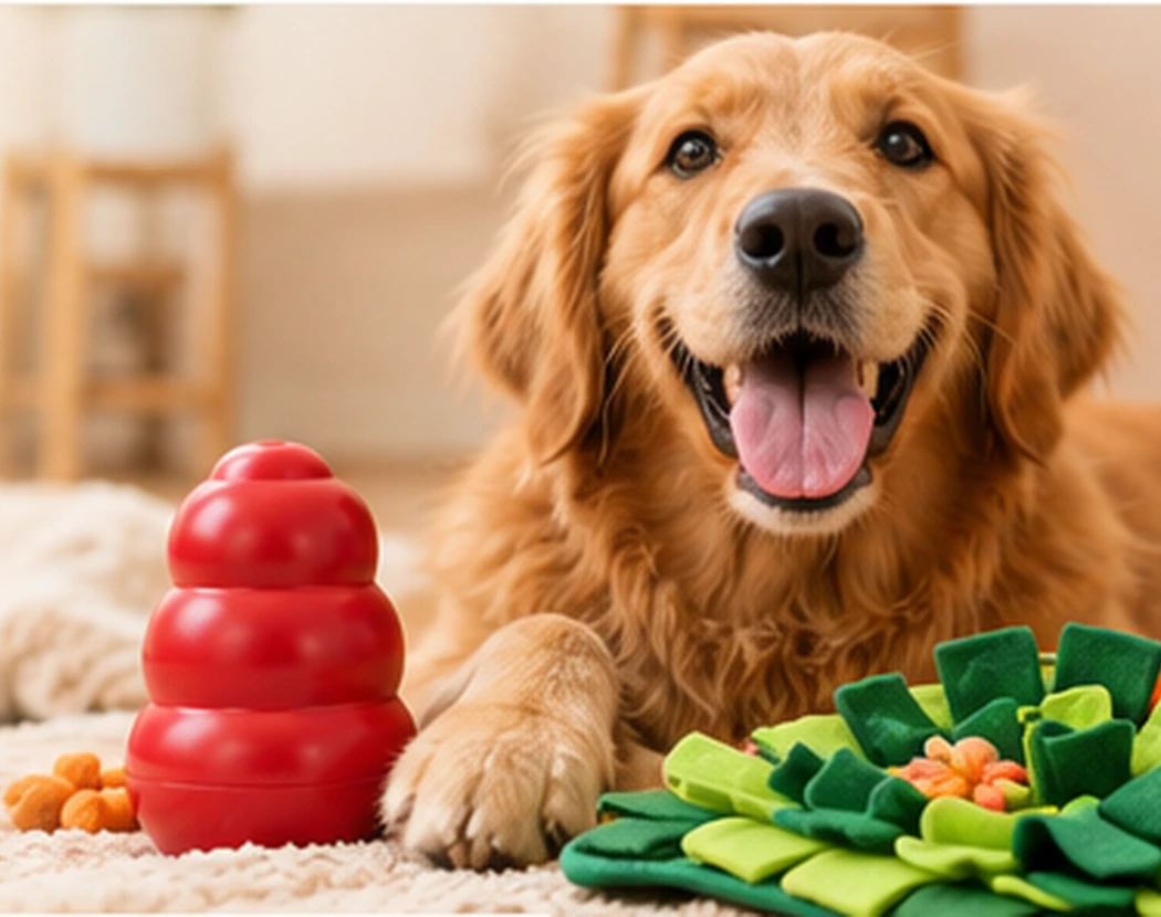 Perro feliz junto a juguetes y un tapete olfativo